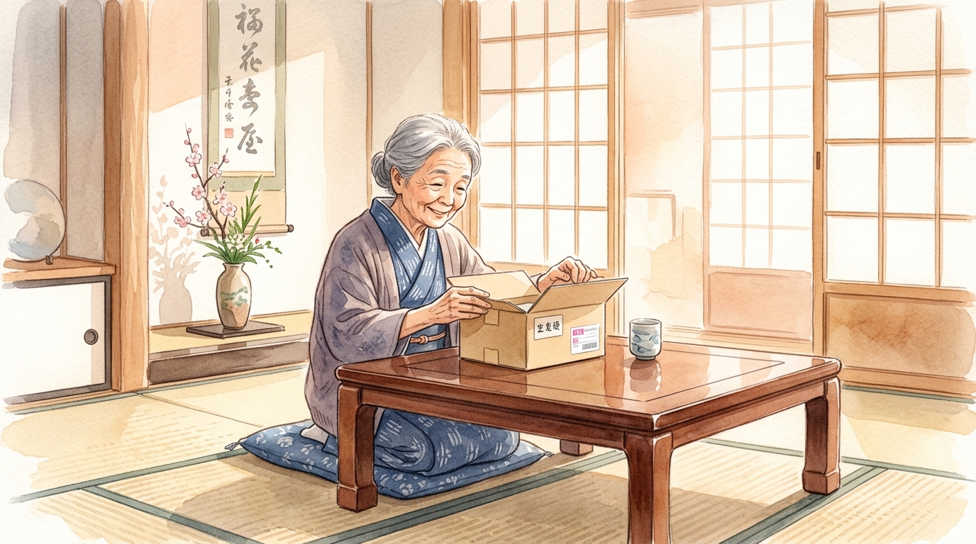 シニア向けにAmazonで初めての買い物をする様子の水彩イラスト