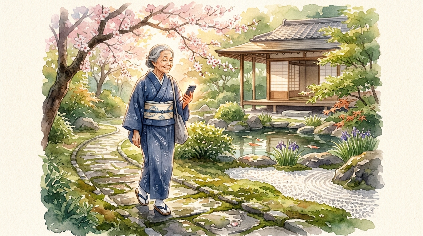 シニアが桜並木で地図アプリを見ながら歩く水彩イラスト
