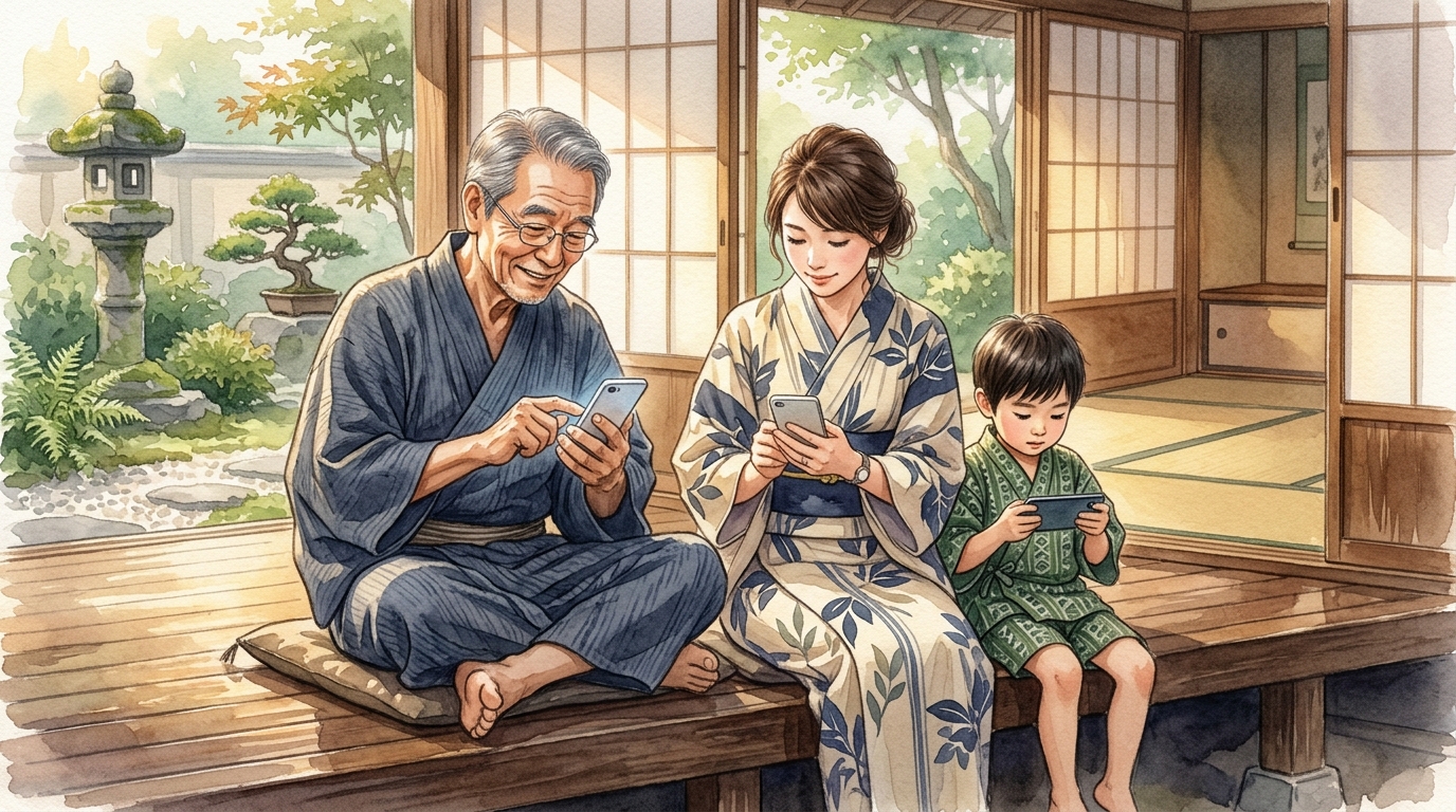 三世代の家族が縁側でスマホを見ながら集まる水彩イラスト
