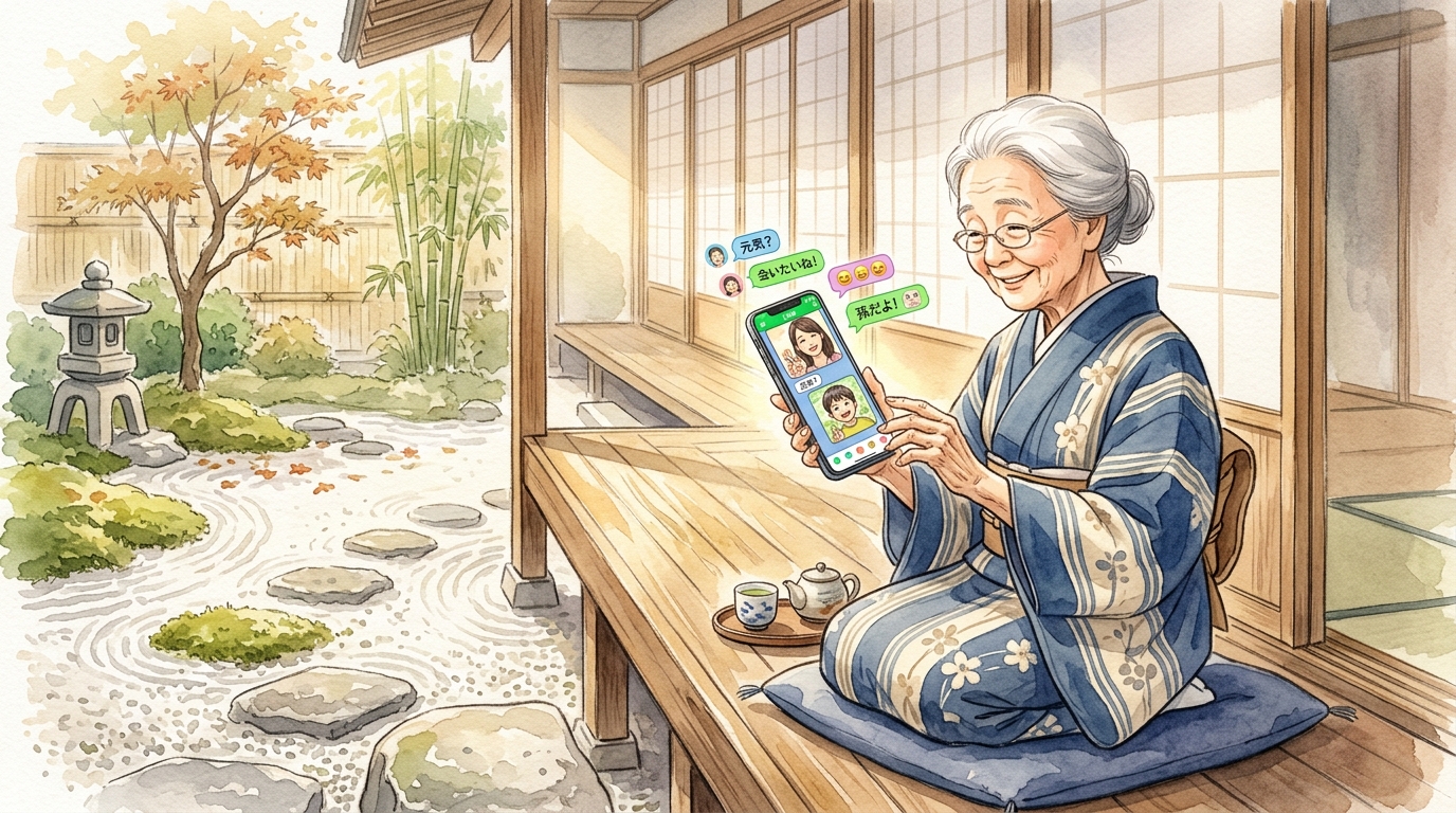 縁側で家族とのLINEメッセージを楽しむおばあちゃんの水彩画イラスト