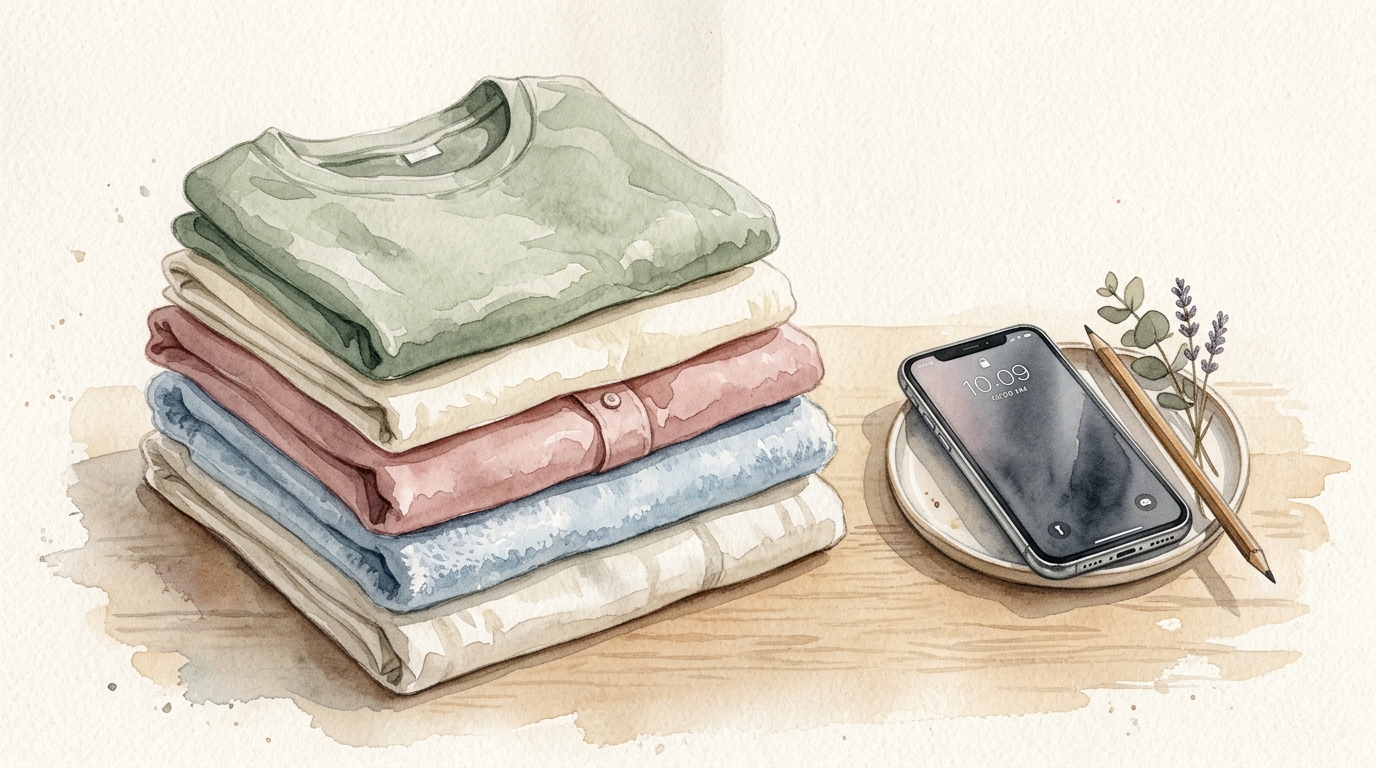 畳の上に綺麗に畳まれた着物とスマホの水彩イラスト
