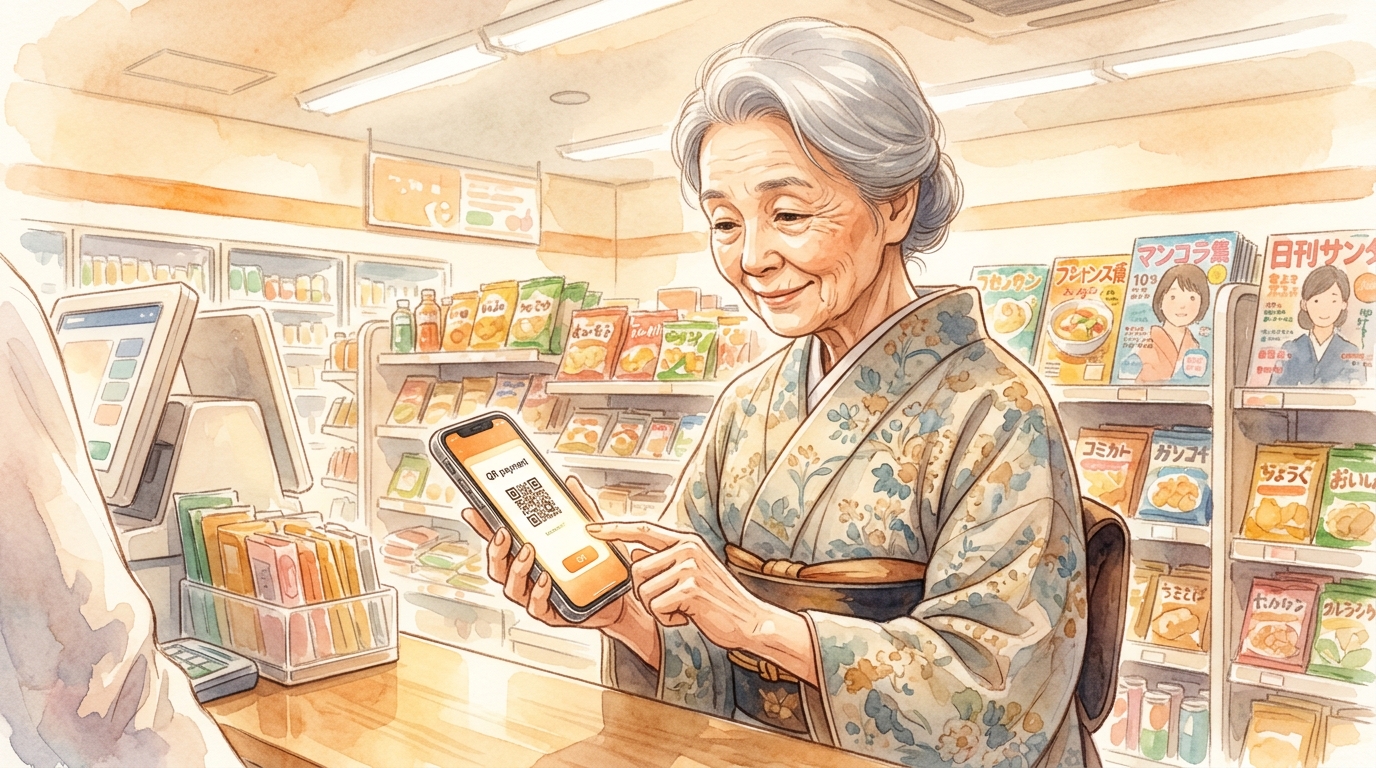 シニアがコンビニでPayPay支払いをする様子の水彩イラスト