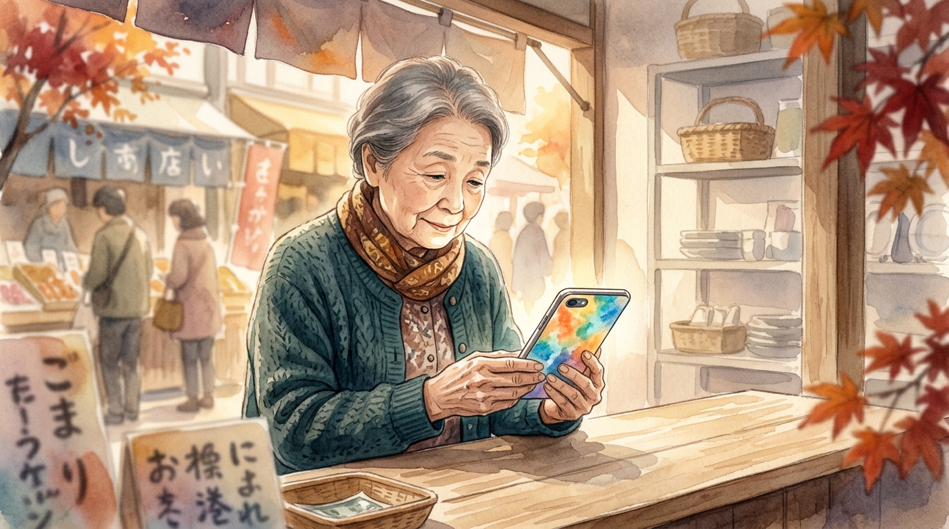 秋の市場でスマホ決済を試すシニアの温かい水彩画