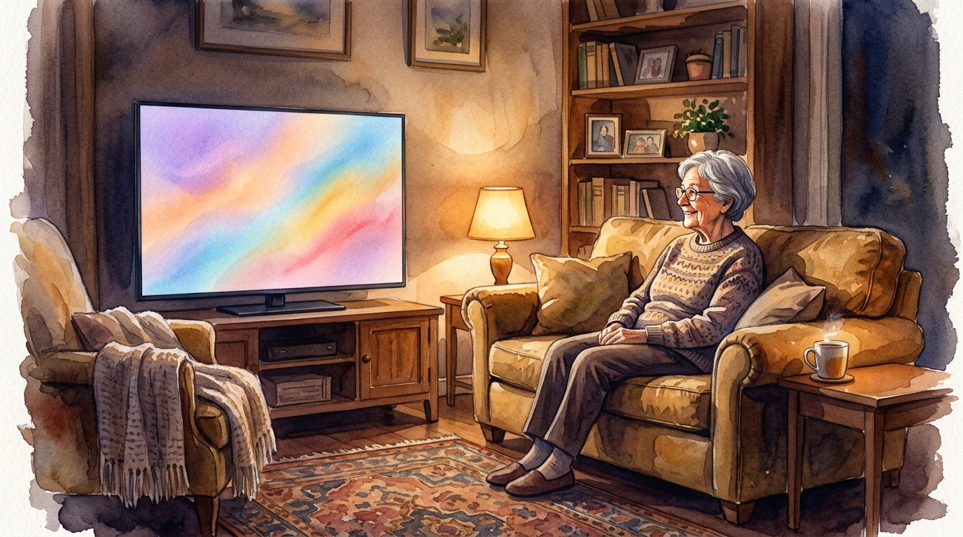 自宅のソファでテレビを楽しむシニア女性の温かい水彩画