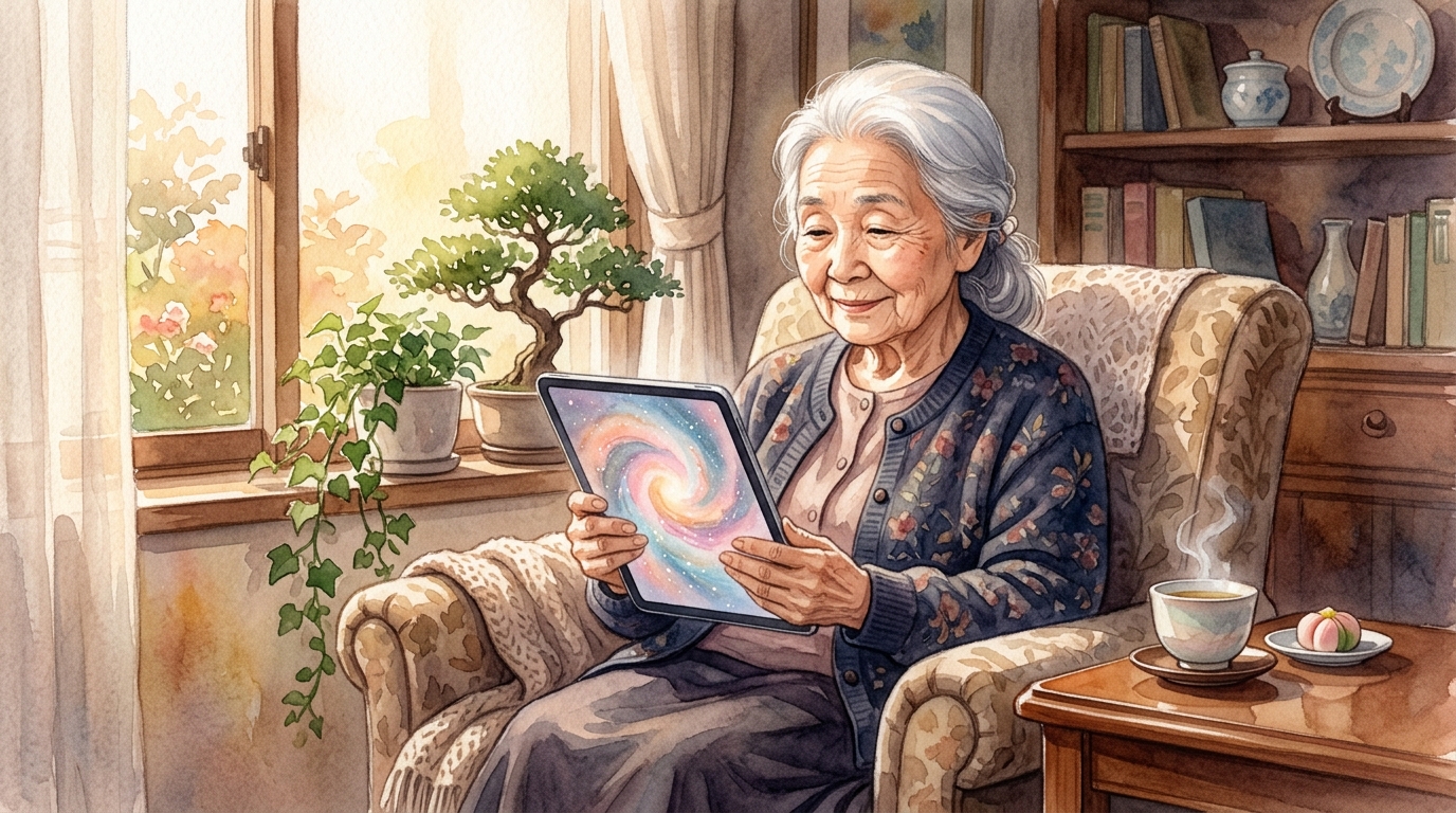 シニアが自宅でお茶を飲みながらタブレットで動画を見る水彩イラスト