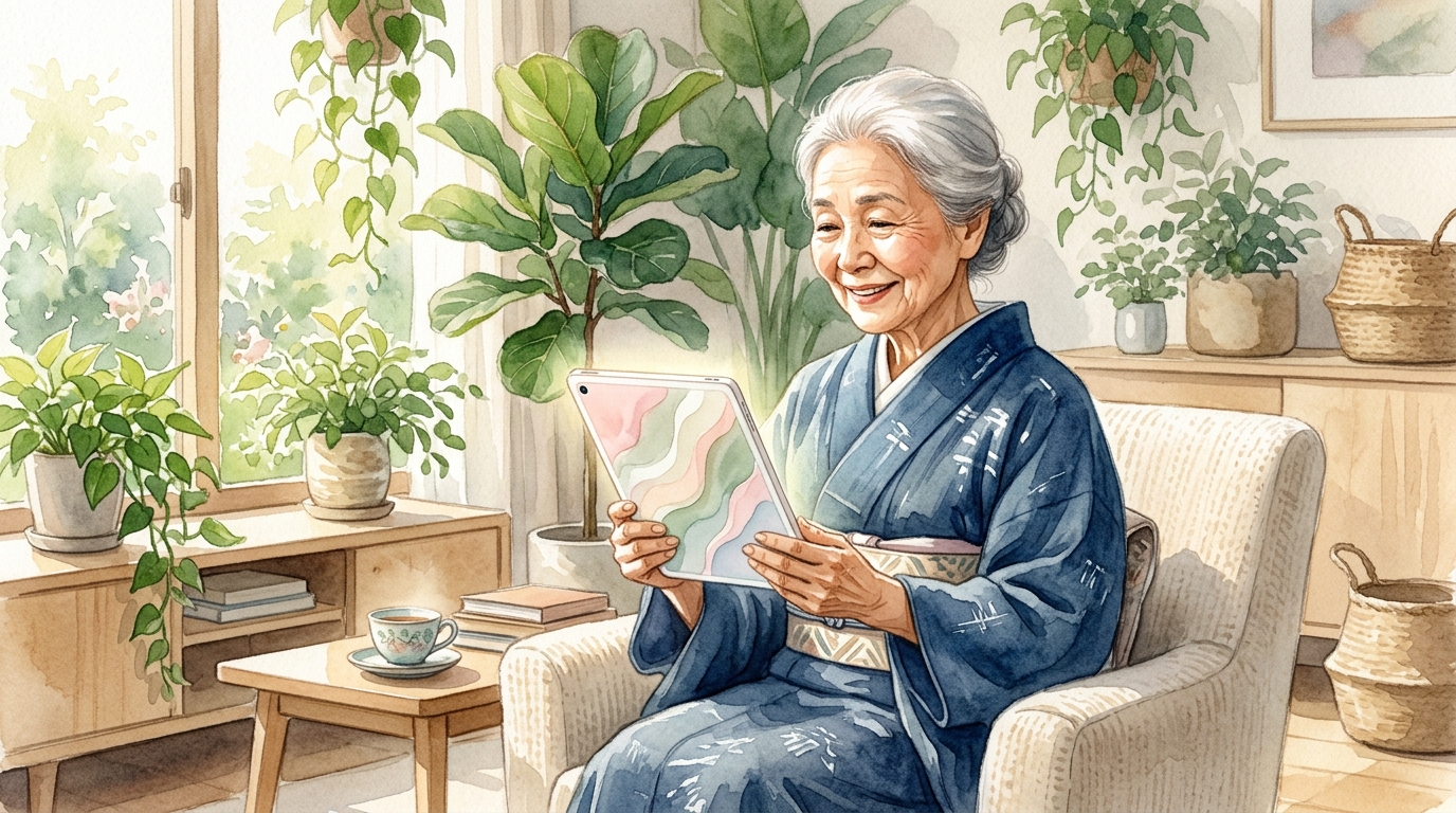タブレットで家族とつながるシニア女性の水彩イラスト